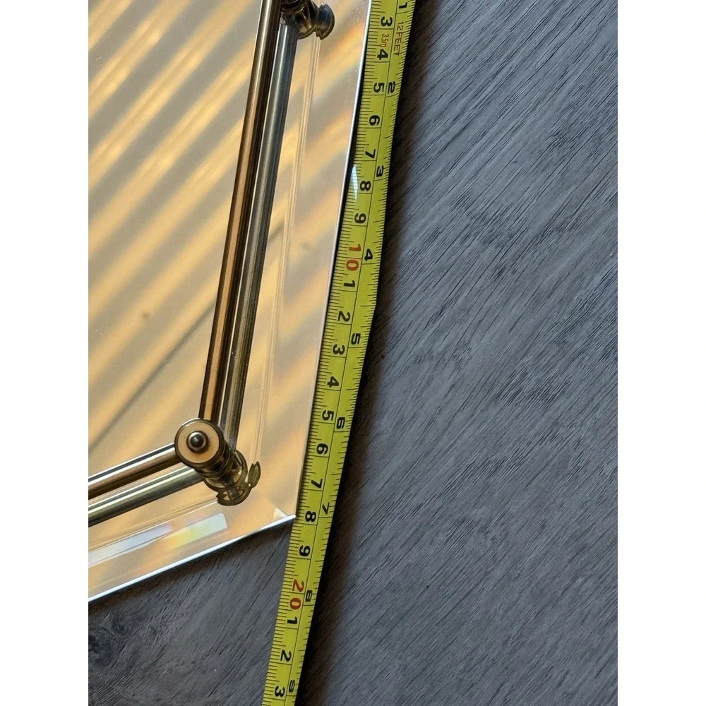 Hexagon Beveled Mirrored Vanity Tray Brass Tone Rail VTG Hollywood Regency 12